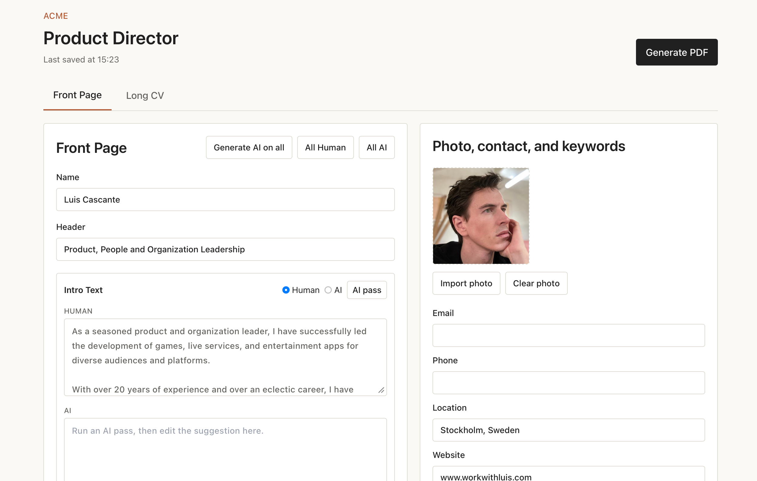 CV Studio tailored CV editor interface