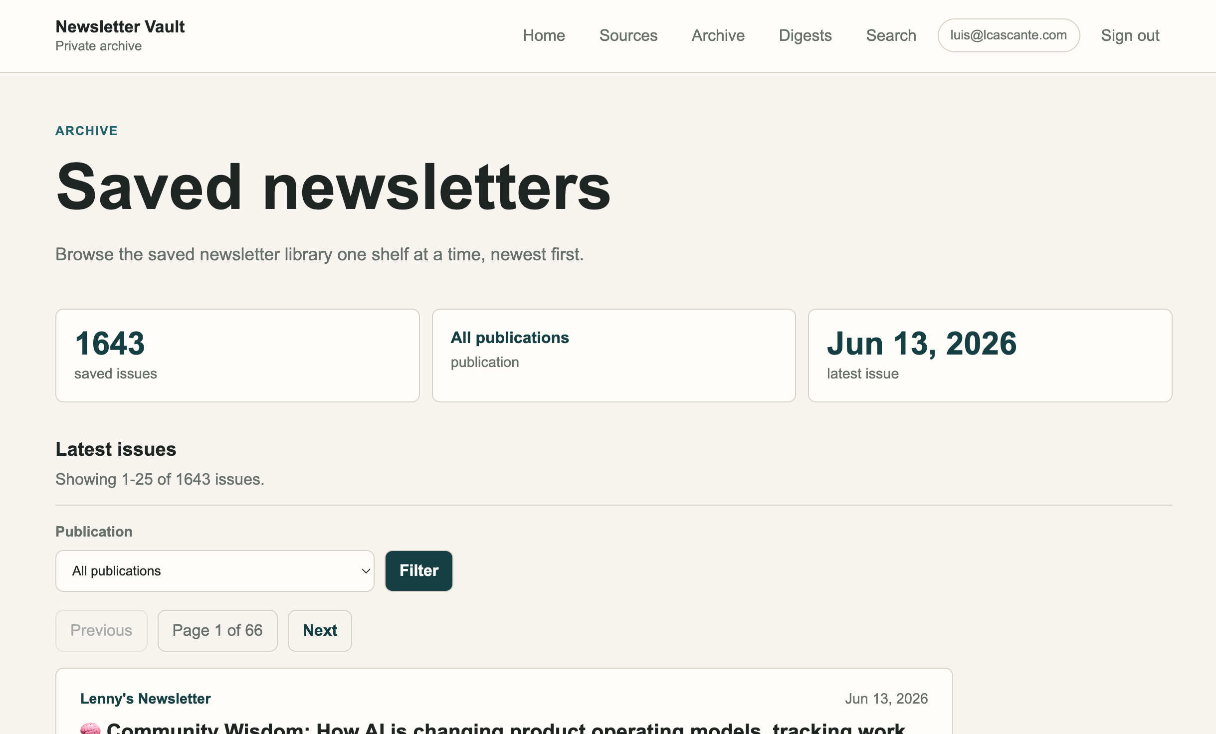 Newsletter Vault saved newsletters archive screen