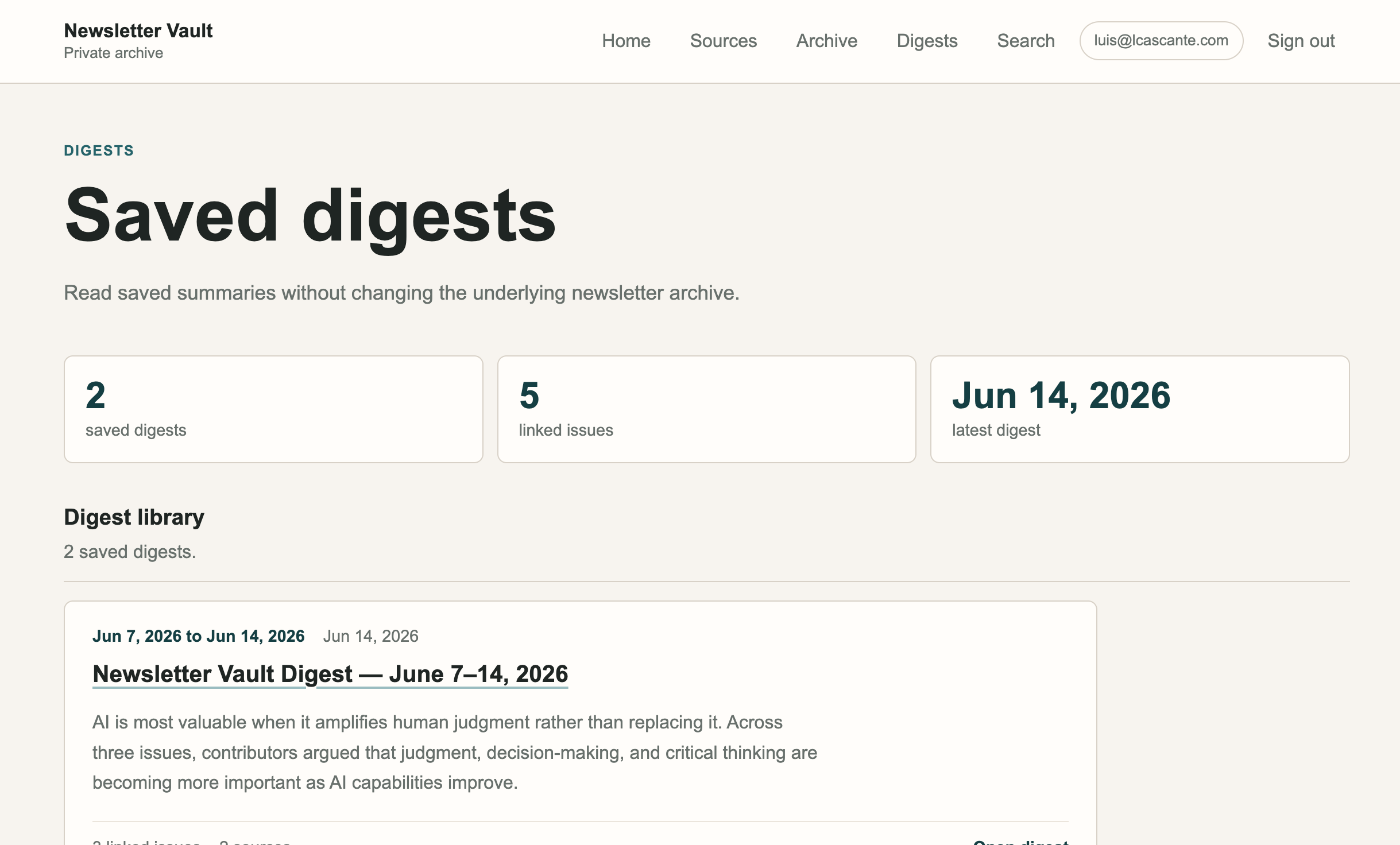 Newsletter Vault saved digests screen