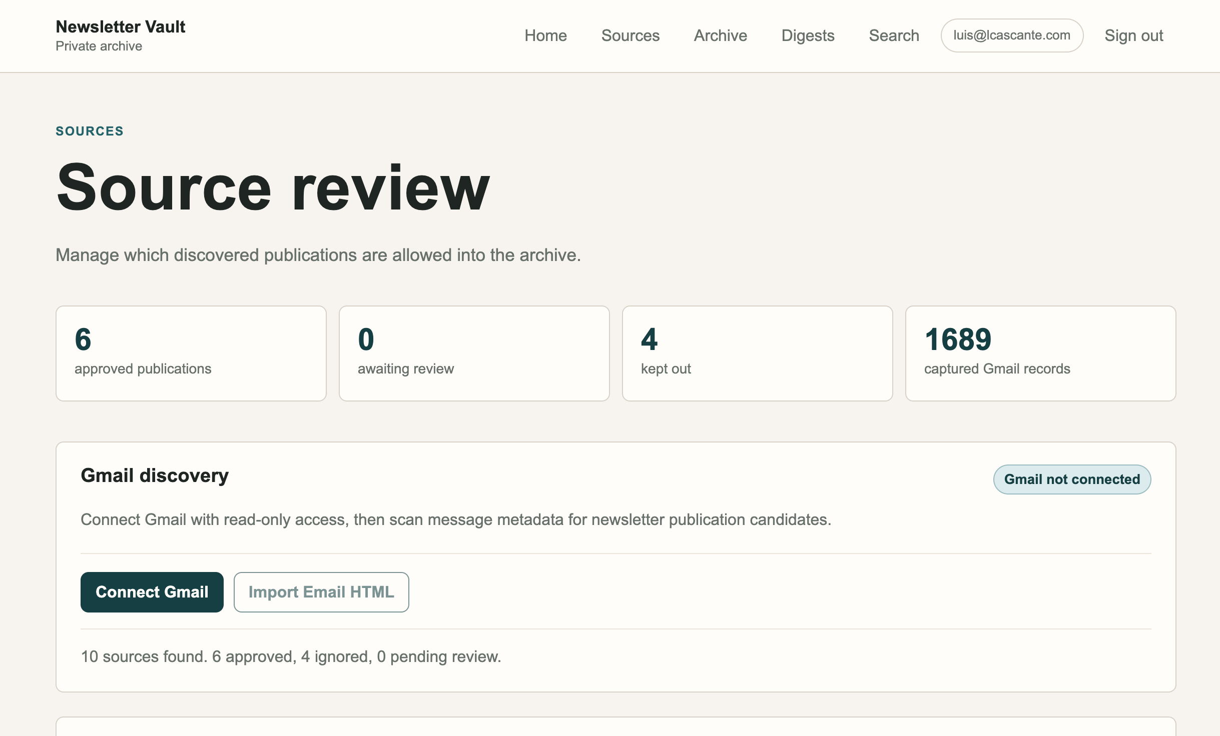 Newsletter Vault source review screen