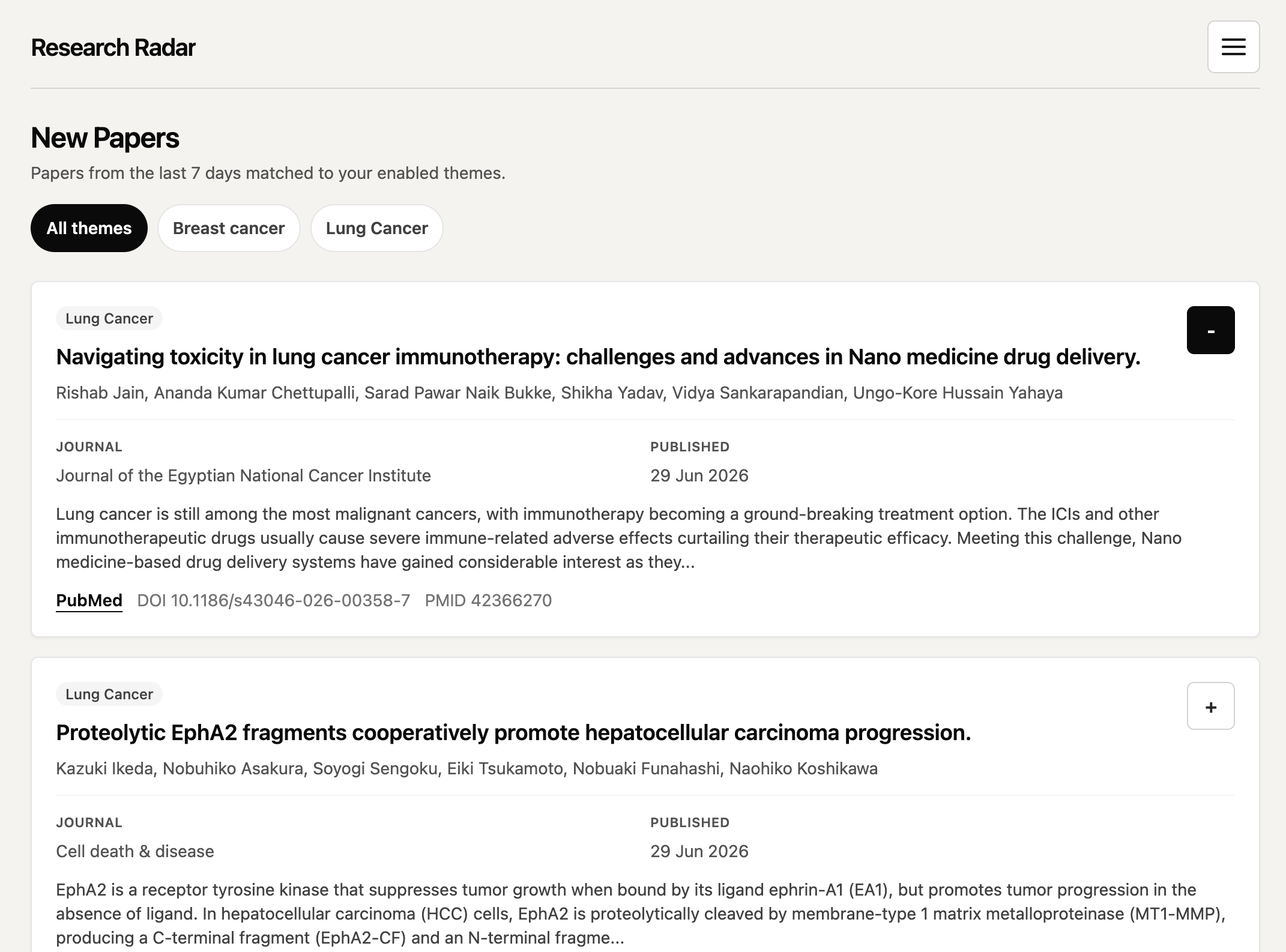 Research Radar new papers interface
